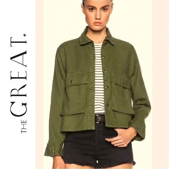 THE GREAT. The Swingy Army Jacket Military Green Utility Short High Low Coat 1 S - Picture 5 of 16